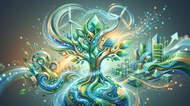 Vibrant Digital Illustration of Green Energy Tree with Wind Turbines and Solar Panels