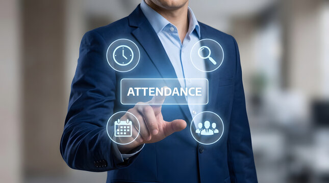 Professional man in blue suit interacting with digital attendance tracking interface displaying clock, calendar, magnifying glass, and group icons on a futuristic screen featuring business and people