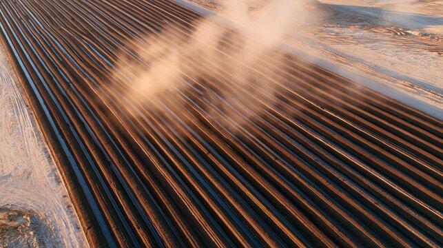 Aerial view of composting facility windrows with steam rising under low angle sunlight