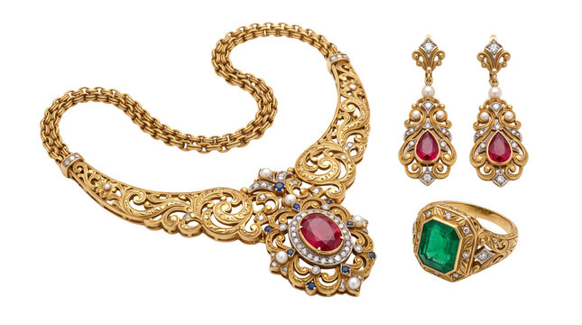 Vintage gold jewelry set with ruby necklace and emerald ring. Antique filigree earrings with red gemstones. Luxury bridal accessories.