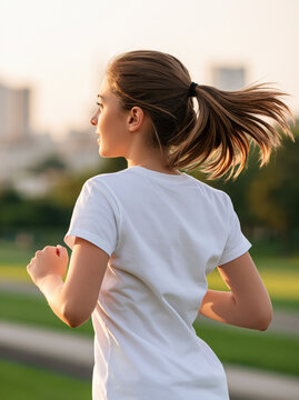 Young woman running female runner in white shirt in outdoor park at sunset, side view with ponytail and motion, healthy fitness training