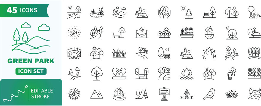 Green park and nature outdoor line icon set.Collection of outline icons representing various green park and outdoor elements
