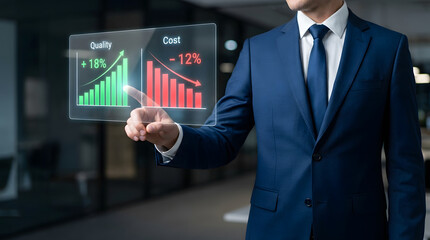 Obraz premium Businessman in a blue suit interacting with a holographic display showing a green quality graph rising by percent and a red cost graph falling by percent in an office setting featuring formal wear