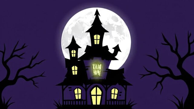 Haunted mansion silhouette standing before a massive glowing full moon in this dark eerie night sky motion video animation clip