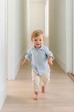 Toddler taking first steps down bright hallway in minimal home