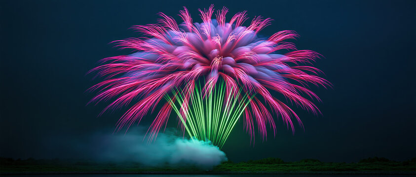 Firework explosion floral bouquet pink burst green streak night sky smoke cloud sky display colorful light celebration event scene