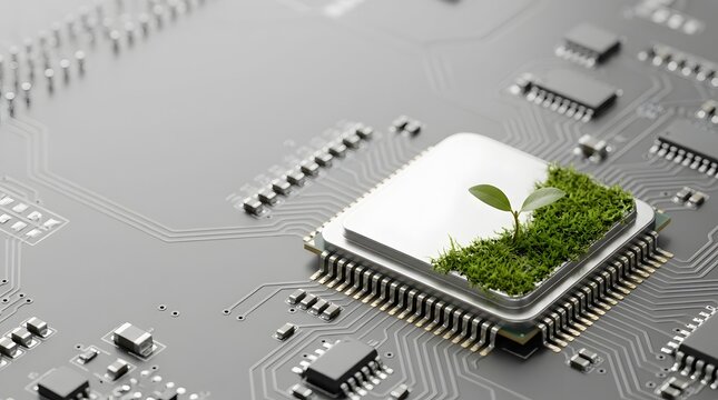 Green computing technology concept with plant and moss growing on computer microchip symbolizing sustainable electronics