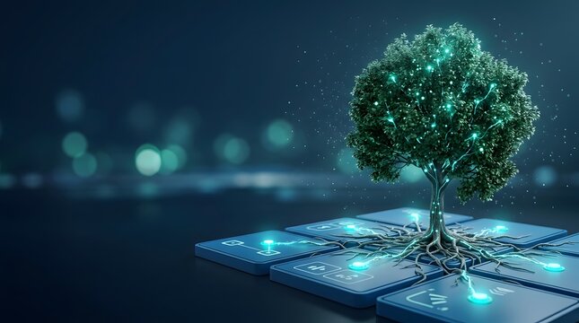 Glowing digital tree with neural roots connecting to tech interface panels representing artificial intelligence and data networks