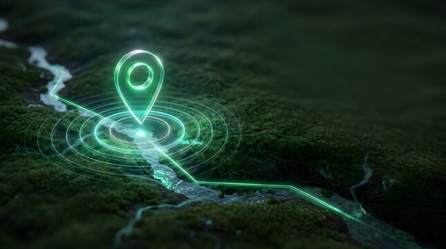 Digital route tracking over natural river landscape with glowing location marker representing environmental navigation and ecological mapping