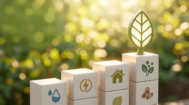 Sustainable business growth steps represented by stacked blocks with environmental icons leading to a glowing green leaf symbol