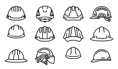 Fototapeta premium SEO Title: Hard hat front view icon set – construction safety helmet vector symbols