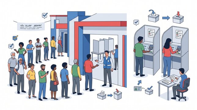 Diverse group of people casting votes at a modern polling station with voting machines and booths