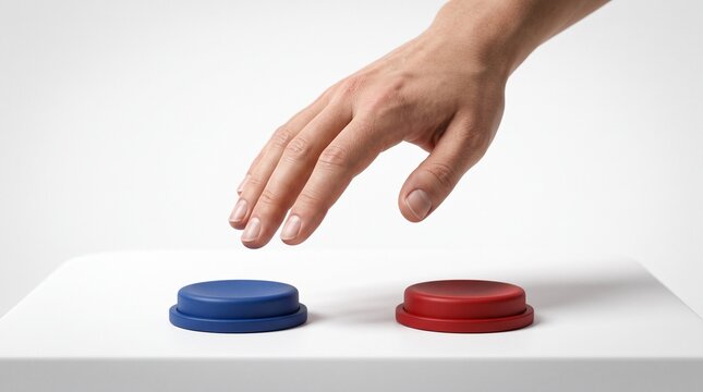 Human hand hovering over two colored buttons, blue and red, representing choice and decision making
