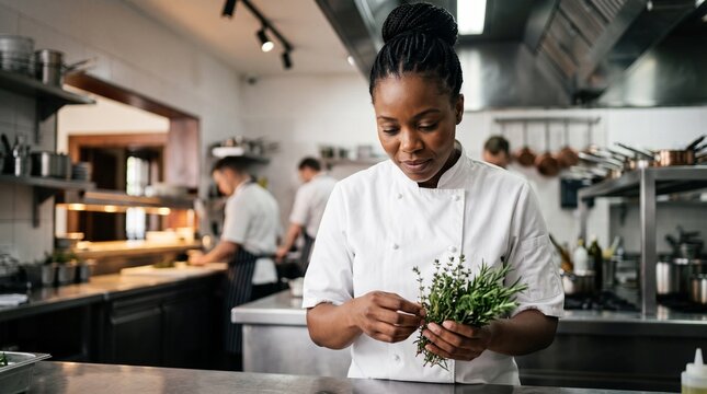 Female Chef Inspecting Fresh Herbs in a Busy Restaurant Kitchen