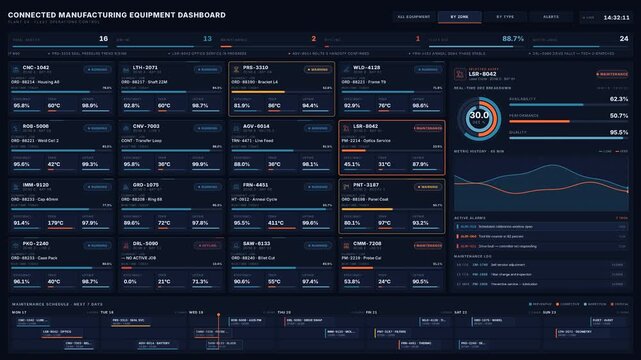 Explore a connected manufacturing equipment dashboard featuring a sleek dark interface with vibrant steel blue and manufacturing orange accents, displaying real-time equipment metrics and status.
