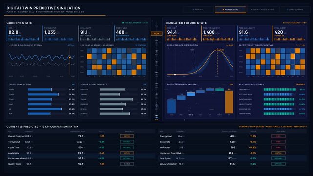 A 4K dark dashboard simulation showcasing a digital twin predictive interface with real-time metrics and future scenario predictions in split-screen layout.