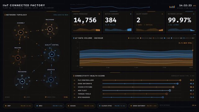 Explore a premium 4K IIoT connected factory dashboard featuring a dark UI with copper-gold and arctic blue accents, showcasing real-time data visualization and metrics.