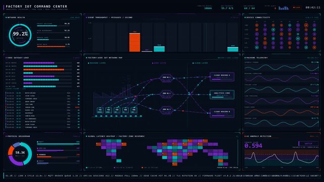A dark 4K factory IoT command center dashboard featuring animated data streams, real-time metrics, and a sleek design in ultraviolet and plasma teal colors.