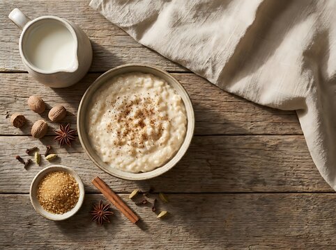 A top down view of a creamy nutmeg rice pudding served in a rustic bowl with milk and spices on a wooden table