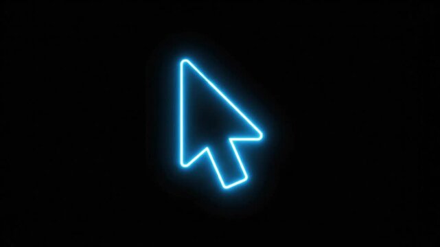 Neon blue cursor arrow glowing on black background. Futuristic digital mouse pointer icon. Cyberpunk computer interface element for tech UI.