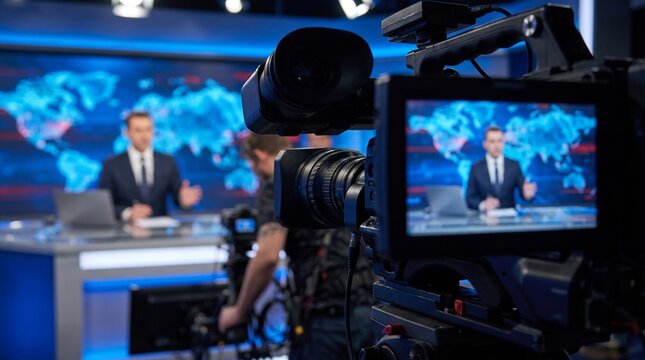 Realistic behind-the-scenes television news studio during a live broadcast, professional 4K broadcast video camera dominating the right foreground, large cinema lens, viewfinder and flip-out LCD 