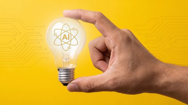 Hand Holding Glass Light Bulb with Atomic AI Symbol on Yellow Background Representing Artificial Intelligence and Innovation