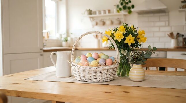 Easter basket with colorful eggs and yellow daffodils on a wooden table in a bright kitchen