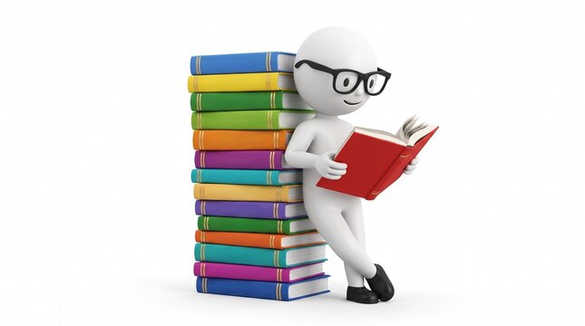 3D white figure character wearing black glasses, leaning against a colorful stack of books while reading an open red book isolated on white