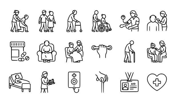Nursing assistant and elderly care outline vector icon set with caregiver patient support and healthcare symbols