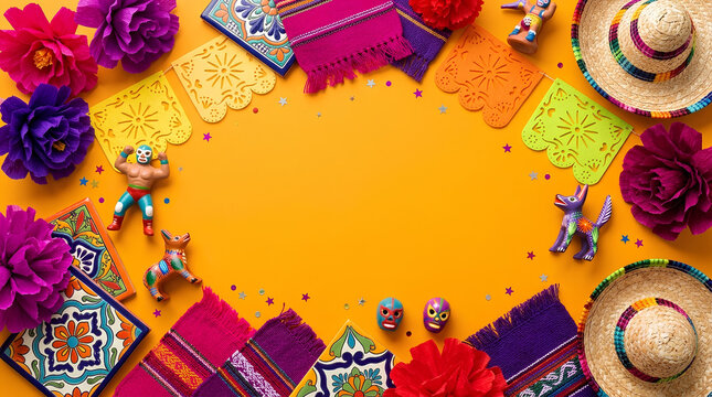 Festive Mexican fiesta border with sombreros lucha libre figure and talavera tiles on yellow background