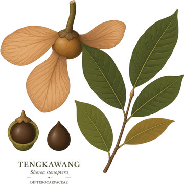 illustration of a Tengkawang (Shorea stenoptera) fruit with its large, wing-like sepals, and distinct leaves, scientific botanical style, earthy tones, white background.