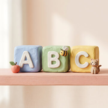 3D clay art illustration of cute alphabet blocks, generative AI