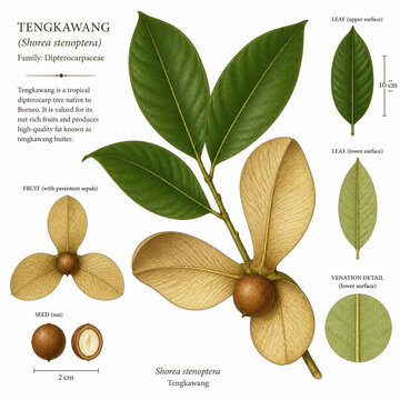 illustration of a Tengkawang (Shorea stenoptera) fruit with its large, wing-like sepals, and distinct leaves, scientific botanical style, earthy tones, white background.