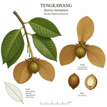 illustration of a Tengkawang (Shorea stenoptera) fruit with its large, wing-like sepals, and distinct leaves, scientific botanical style, earthy tones, white background.