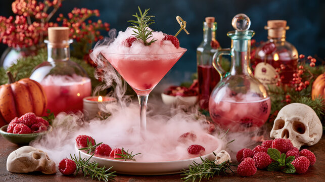 Cocktail raspberry halloween smoke glass garnish berry spooky festive drink