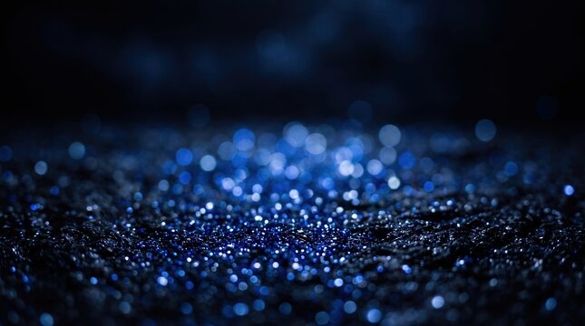 Blue sparkling glitter on black surface with cinematic bokeh background and shallow depth of field