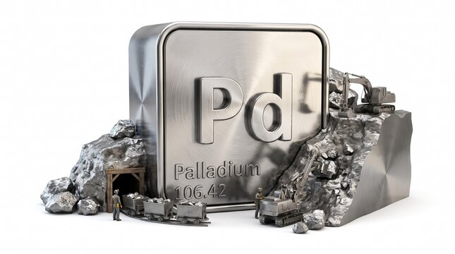 Metallic 3D Palladium element from the periodic table series on white background