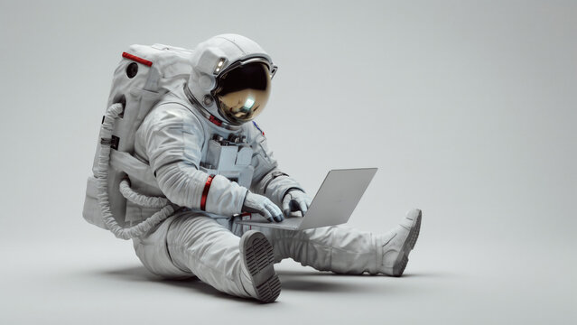 An astronaut in a white space suit sitting on the floor while using a laptop computer with against plain background astronaut wearing suit sits