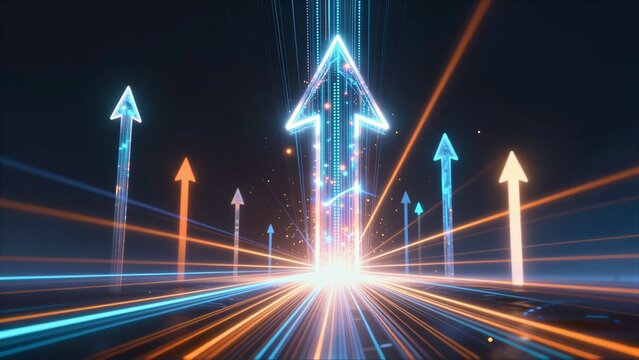 Digital arrows blaze forward, symbolizing progress and innovation in a vibrant tech future.