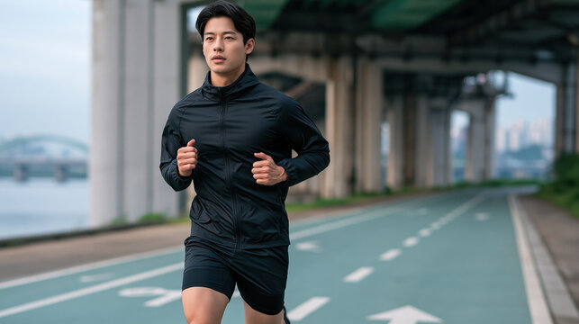 Runner man jogger athletic sport exercise fitness running road bridge urban outdoors black jacket black short healthy active motion daylight waterfront lane path training endurance stamina speed