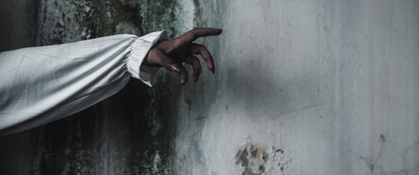 Halloween celebration features scary woman hand reaching toward old wall during spooky night event, creating creepy horror atmosphere for traditional holiday festival background