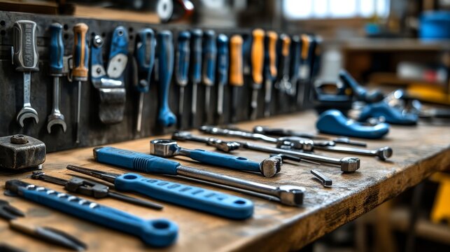 Workshop with various tools on workbench and organized hanging tools in blurred background