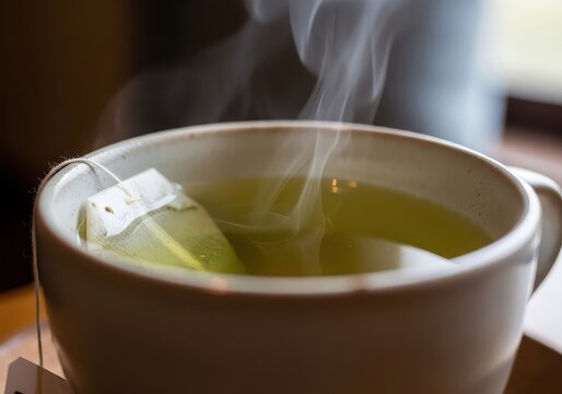 Steaming hot green tea in a white cup with a tea bag