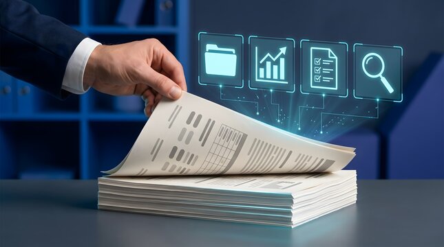 Automated data extraction technology featuring hand lifting business document with digital management holographic icons.