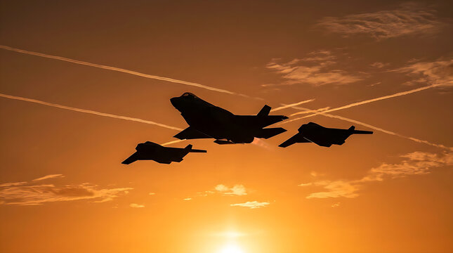 Fighter Jet Squadron Formation Flight at Sunset, Air Force Power