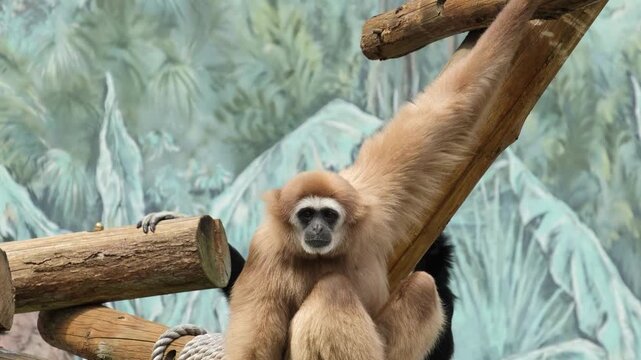 A pair of gibbons in an open enclosure at a zoo.