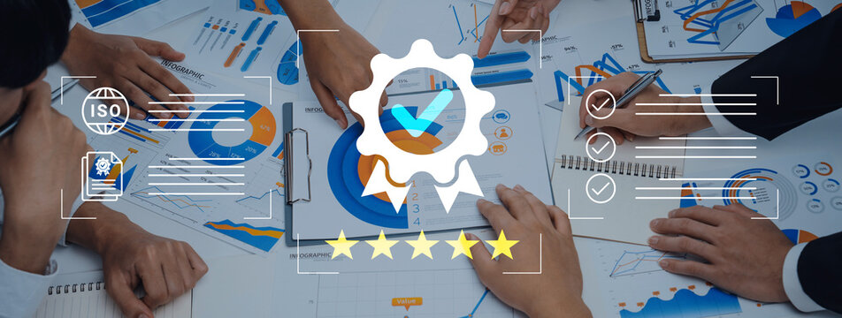 A collaborative meeting scene featuring hands over charts and graphs, with symbols of quality and certification, representing teamwork and strategic planning in a modern office setting. Cyphers