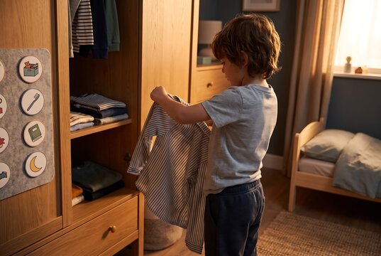 Child Choosing Clothes Using Visual Morning Routine Chart