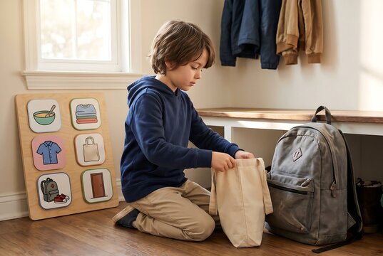 Child Folding Clothes Using Visual Daily Routine Chart