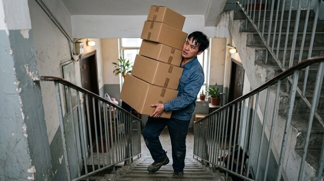 Man carrying heavy stack of cardboard boxes up apartment building stairs